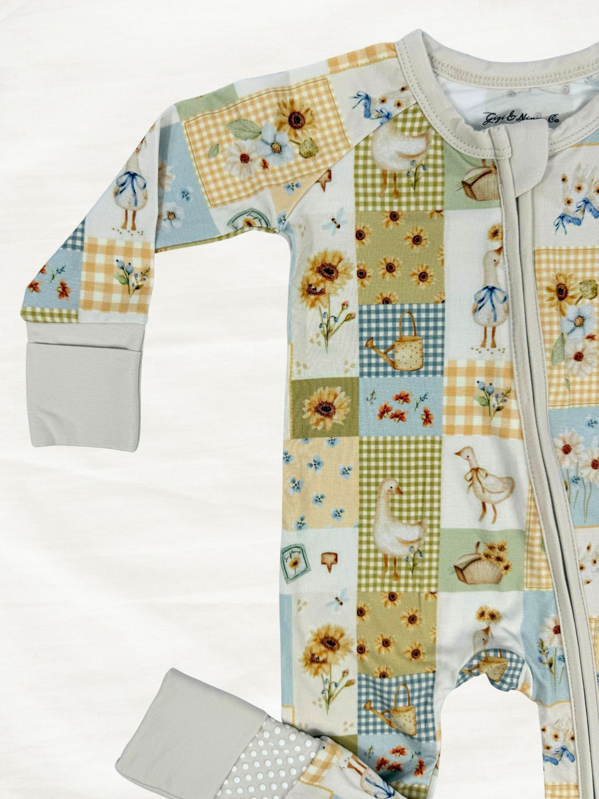 Cottage Garden bamboo zippy pajamas with floral patchwork pattern